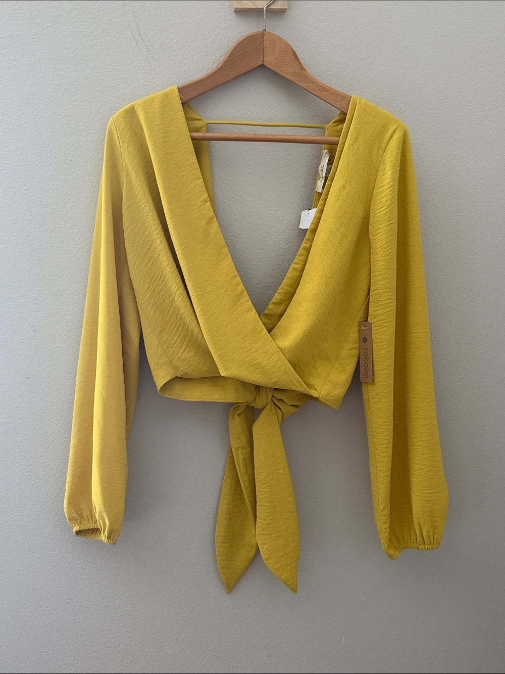 Tie-Front V-Neck Blouse in Mustard Yellow